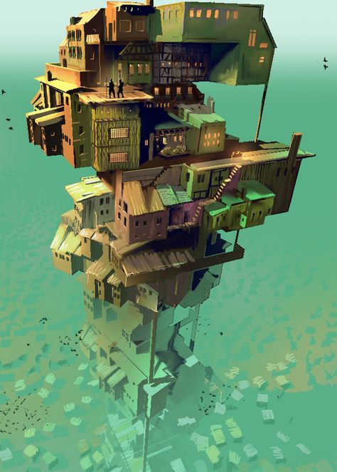 Vertical Cities Soar Into the Sky in Otherworldly Digital Paintings by Artist Raphael Vanhomwegen | Colossal Housing Concept, Environmental Concept Art, Linear Perspective, Town House Architecture, Vertical City, River Town, Art Cube, Dennis The Menace, Medieval Houses