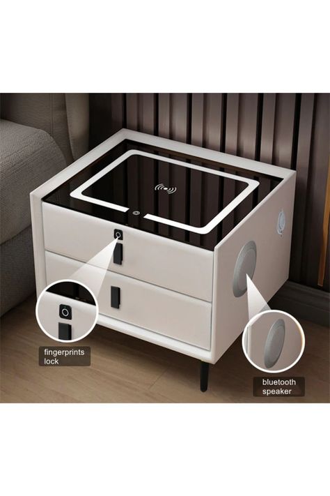 Wireless Charging Nightstand, Bedside Table With Power, Smart Side Table, Smart Bedside Table, Bedroom Wall Lamps Bedside Tables, Bed Side Table Ideas, Smart Nightstand, Modern Night Table, Creative Bedside Table