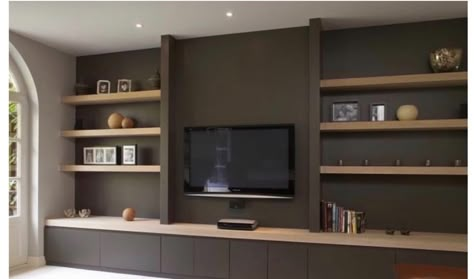 Meubels maken: Boekenkast, Planken, TV meubel, Wandkast ... Built In Shelves Living Room, Living Room Wall Units, Living Room Built Ins, Bedroom Tv, Living Room Tv Unit Designs, Living Room Tv Unit, Tv Room Design, Living Room Entertainment, Wall Units