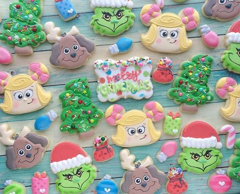 Grinchmas cookies...thank you so much @sugarranchbakeshop for allowing me to use your adorable Cindy Lou design! . #madriscookiekitchen… Cindy Lou Who Birthday Cake, Cindy Lou Who Cookies, Cindy Lou Birthday Party, Cindy Lou Who Cake, Cindy Lou Who Birthday Party, Grinch Gender Reveal Ideas, Grinch Gender Reveal, Grinch Backdrop, Baby Shower Cookies Decorated