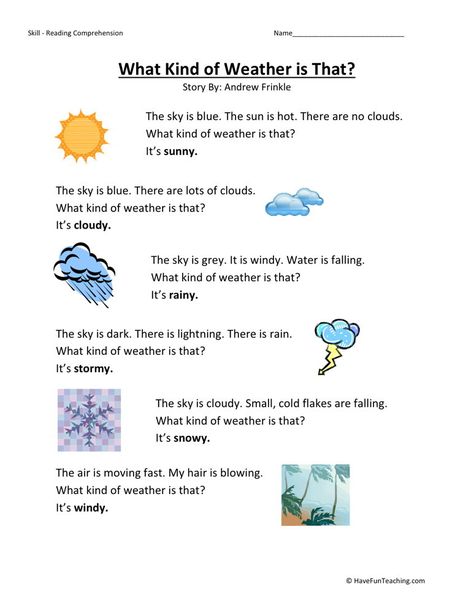 Teaching Weather, Seasons Worksheets, Weather Worksheets, Teaching Reading Comprehension, Weather Words, Preschool Reading, Have Fun Teaching, Reading Comprehension Skills, Reading Comprehension Passages