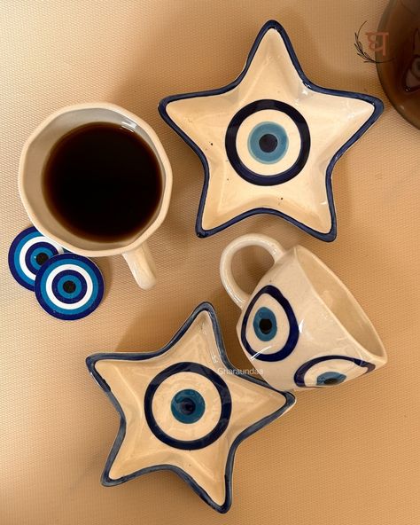 Nazar na lagey!!🧿 Sip away those bad vibes with our star-shaped ceramic mug saucer! 🌟🔮 Embrace the magic of the evil eye and add some charm to your daily brews. ☕️✨👀 DM us to place your order!! #ceramics #artist #ceramicstudio #potterylove #handmade #ceramic #instapottery #tableware #pottersofinstagram #stoneware #sculpture #homedecor #ceramicartist #handmadeceramics #pottery #wheelthrown #glaze #design #craft #ceramicsculpture #ceramicart #contemporaryceramics #clay #keramik #ceramique #a... Stoneware Sculpture, Ceramics Artist, Bad Vibes, Ceramic Studio, Contemporary Ceramics, Ceramic Artists, Wheel Thrown, Ceramic Sculpture, Handmade Ceramic