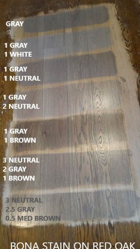 I like 1 Gray,, ! brown....takes the oarange out of the red oak without going too gray Grey Stained Wood Floors, Gray Stained Wood Floors, Gray Brown Wood Floors, Bona Floor Stain, Grey Brown Wood Floors, Gray Oak Floors, Wood Stain Floors, Stains On Red Oak, Brown Wood Floors