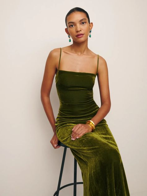 Petites - Shop Women's Petites Clothing | Reformation Sleeveless Velvet Dress, Green Formal Dresses, Green Velvet Dress, Olive Green Dresses, Ankle Length Dress, Reformation Dress, Silky Dress, Straight Neckline, Vintage Inspired Dresses