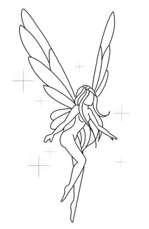 Fairy Witch Drawing, Fairy Wings Tattoo Stencil, Easy To Draw Fairy, Fairy Flying Drawing, Easy Linework Tattoo, Tiny Fairy Drawing, Small Fairy Tattoos Simple, Winx Club Tattoo Ideas, Fairy Outline Tattoo