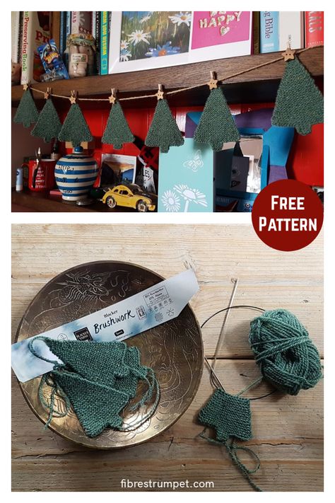 Knit Garland Pattern, Christmas Tree Knitting Pattern, Knit Tree, 2d Christmas Tree, Knit Garments, Flat Christmas Tree, Christmas Knitting Patterns Free, Advent Calendar Gifts, Little Christmas Trees