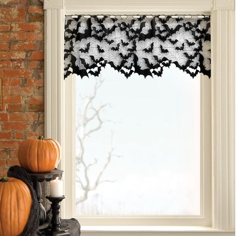 Heritage Lace Going Batty 4 Way Shade | Wayfair Halloween Mantle Scarf, Window Toppers Ideas Valances, Halloween Decor Mantle, Mantle Scarf, Lace Valances, Window Toppers, Halloween Mantle, Bat Pattern, Door Swag