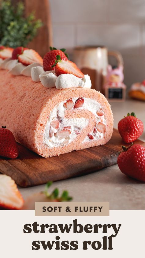 This strawberry swiss roll cake is made with a soft and fluffy chiffon cake wrapped around airy whipped cream and fresh strawberries. It's a pretty pink cake that tastes like you're eating a cloud! #swissroll #rollcake #strawberrycake #chiffoncake | teakandthyme.com Swiss Roll Cake Recipe Easy, Strawberry Swiss Roll, Swiss Roll Cake, Cake Wraps, Swiss Roll, Roll Cake, Chiffon Cake, Cake Roll, Pink Cake