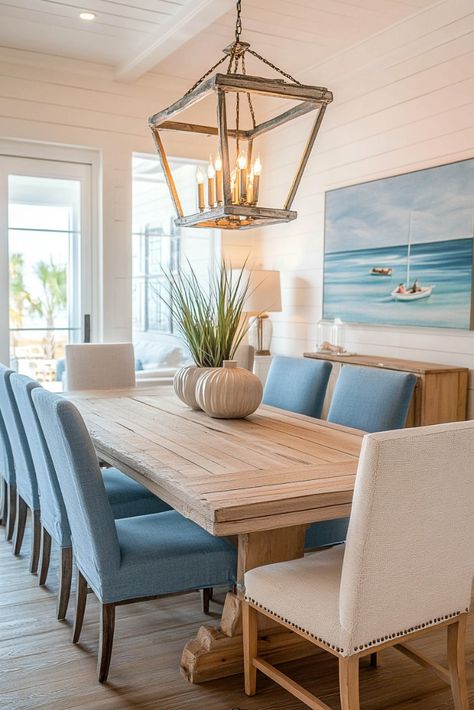 "🌊🍽️ Transform your dining space with Coastal Dining Room Decor! Think light, breezy vibes with nautical accents, driftwood, and soft blues. Perfect for a relaxing, beach-inspired meal at home. 🐚🌴 #CoastalDecor #DiningRoomDesign #BeachStyle" Coastal Remodel Ideas, Sunroom Coastal Decor, Coastal Beach Dining Room, Bright And Airy Dining Room, Beach Home Dining Room, Coastal Dining Nook, Coastal Farmhouse Dining Chairs, Beach Style Dining Room, White Coastal Dining Table