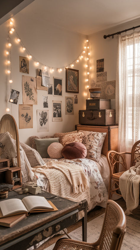 Looking for small room inspo? Create your dream bedroom with vintage decor, thrifted finds, and cozy lighting! Whether you love grunge room vibes or want a room redesign, these ideas will help you transform your space into a warm and inviting retreat. Perfect for dorms or any small space that needs a refresh! Ready to redecorate your bedroom? Start today! Cottage Dorm Room Ideas, Vintage Dorm Room, Maximizing Closet Space, Dorm Room Makeover, Small Room Inspo, Vintage Dorm, Dorm Hacks, Maximize Closet Space, Cozy Dorm