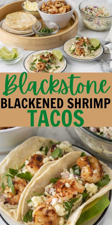 Blackstone Blackened Shrimp Tacos - grillonadime.com Shrimp Tacos On Blackstone, Blackstone Shrimp Tacos, Shrimp Blackstone Recipes, Weight Watchers Blackstone Recipes, Blackstone Shrimp, Shrimp Taco Seasoning, Blackened Shrimp Tacos, Blackstone Recipe, Shrimp Tortilla