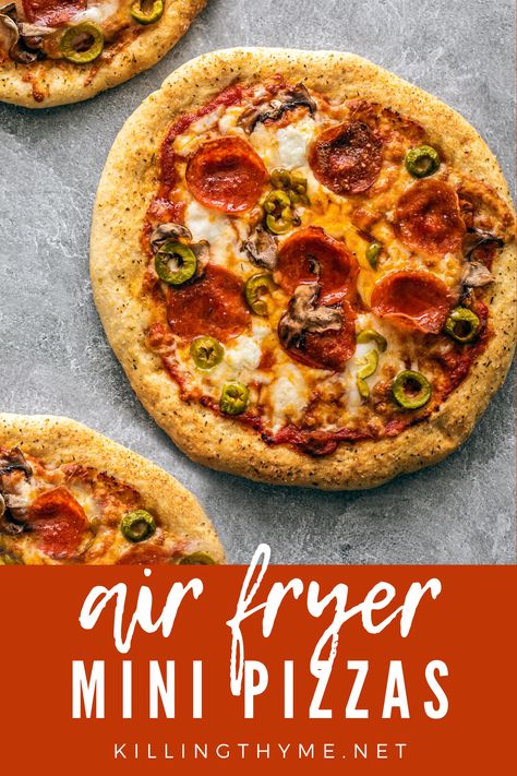 Easy and delicious, this air fryer pizza recipe is perfect for making personal pizzas; they cook in less than 10 minutes! #airfryer #pizza #minipizza #homemadepizza #easydinner Air Fryer Mini Pizzas, Airfryer Pizza, Personal Pizzas, Homemade Dough Recipe, Air Fryer Pizza, Fast Healthy Dinner, Individual Pizzas, Thyme Recipes, Drink Inspiration