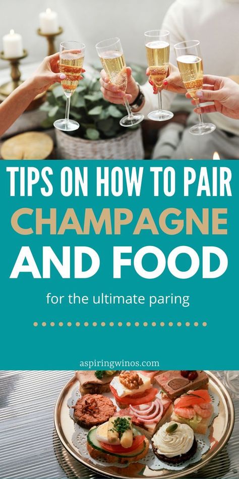 Champagne and food pairings | How to Pair Champagne with Food | Food and Champagne | What Food Goes with Champagne | Guide to Champagne and Food | #champagne #champagneandfood #foodpairings #food via @aspiringwinos Champagne Pairings Appetizers, Champagne Pairing Food, Champagne Brunch Ideas, Champagne Lounge, Don Perignon, Champagne Pairing, Dinner Party Planning, Champagne Breakfast, Pairing Ideas