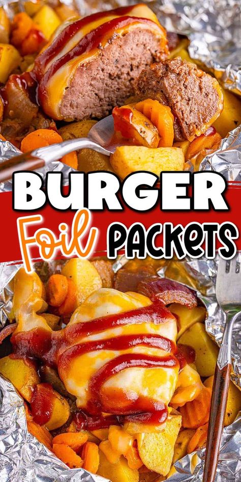 Hamburger Packets, Burger Foil Packs, Dinner Foil Packets, Hobo Packets, Burger Dinner, Easy Summer Grilling Recipes, Foil Meals, Tin Foil Dinners, Meaty Meals