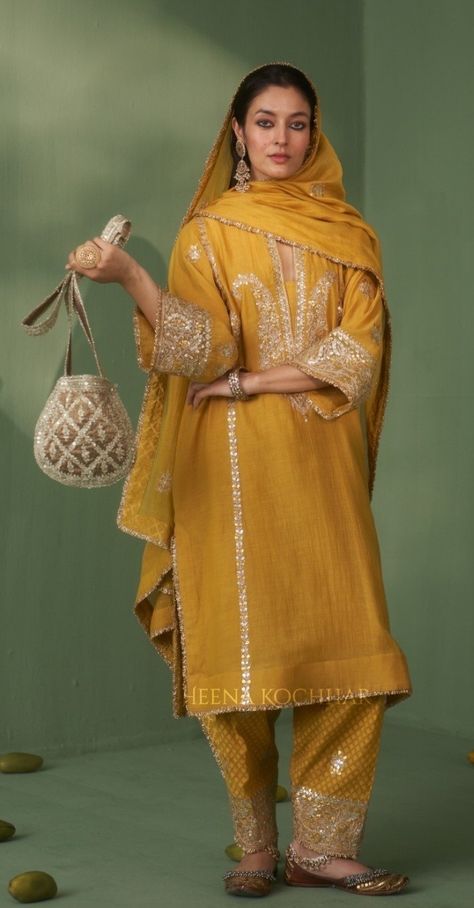 Heavy Suits, Punjabi Suits Designer Boutique, Embroidery Fashion Detail, Suit Salwar, Yellow Suit, Anarkali Dress Pattern, Indian Designer Suits, Anita Dongre, Traditional Indian Dress