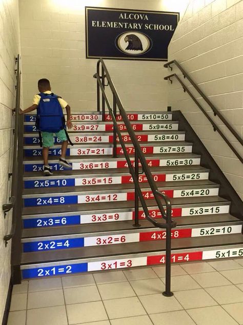 Multiplication tables -- stairs ?!? School Hallway Decorations, Math Tables, Thanksgiving Games For Kids, School Building Design, School Hall, Oliver Jeffers, School Hallways, School Murals, Times Tables