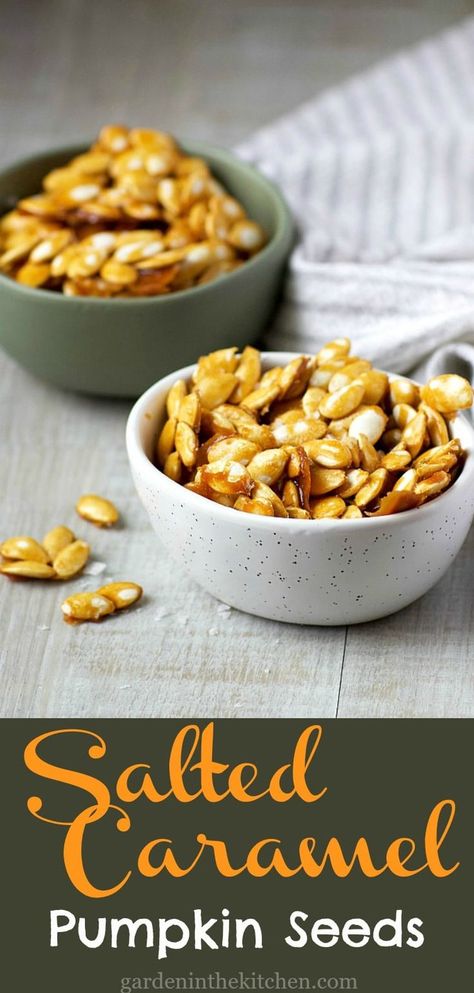 Salted Caramel Pumpkin Seeds, the most addicting snack of all times! via @https://www.pinterest.com/GardeninKitchen/ #pumpinseeds #saltedcaramelpumpkinseeds Salted Caramel Pumpkin Seeds, Pumpkin Seed Recipes Salted, Garden In The Kitchen, Sweet Pumpkin Seeds, Preserving Fruit, Caramel Pumpkin, Bite Size Snacks, Pumpkin Seed Recipes, Seasonal Desserts