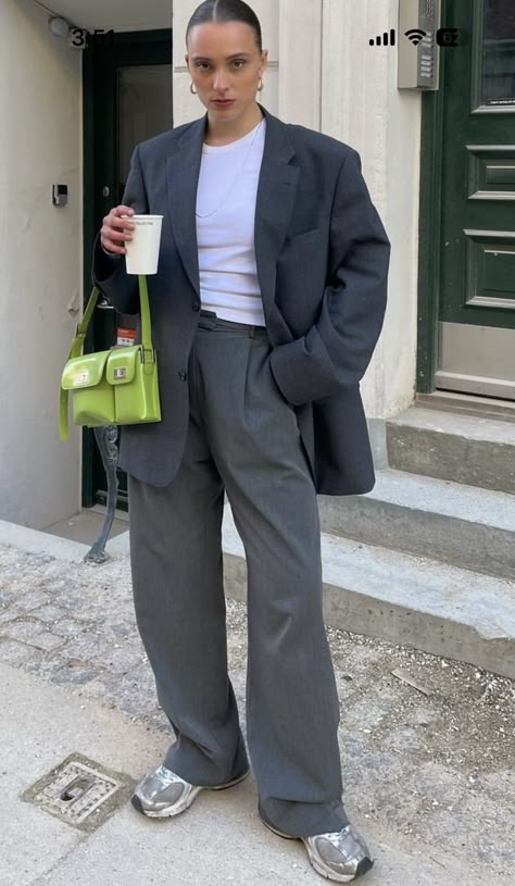 Grey Trousers Work Outfit, Gray Tailored Pants Outfit, Gray Wool Blazer Outfit, Grey Pinstripe Blazer Outfit, How To Style Grey Trousers, Grey Wool Blazer Outfit Women, Gray Pants Outfit Women, Grey Suit Pants Outfit Women, Grey Tailored Pants Outfit