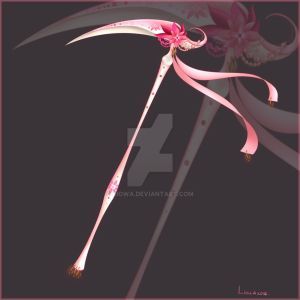 Scythe weapon commission for Kage-Mejin24 by Liowa on DeviantArt Pink Scythe Drawing, Cute Scythe Designs, Aesthetic Scythe, Pink Scythe, Fantasy Scythe, Scythe Art, Anime Scythe, Piskel Art, Pretty Knives