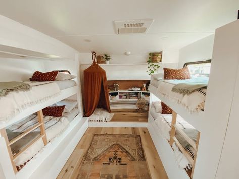 Family of 6 Converts RV Into Stunning Full-Time Home Caravan Bunk Beds Diy, Garage Into A Bedroom, Bunk Bedding, Caravan Bunk Beds, Caravan Bunks, Diy Caravan, Rv Interior Remodel, Caravan Ideas, Rv Dreams