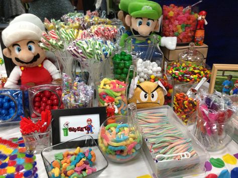 is a mario candy bar! Super Mario Candy Table Ideas, Mario Party Candy Table, Mario Candy Table, Mario Treat Table, Mario Birthday Candy Table, Super Mario Candy Table, Mario Themed Candy Bar, Mario Bros Candy Bag Ideas, Mario Brother Decorations