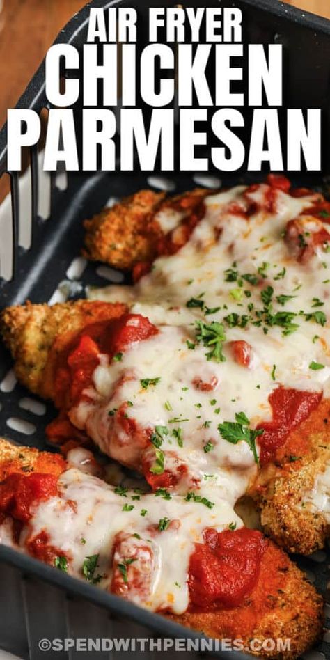 Air Fryer Chicken Parmesan can be made with chicken breast or chicken tenders. Cook them up in the air fryer instead of the oven to make them crispy and delish. #spendwithpennies #airfryerchickenparmesan #chickenparmesan #entree #recipe #healthy #easy #best #breaded #cook #cheese #airfryer Air Fryer Chicken Parmesan, Air Fryer Recipes Chicken Breast, Chicken Entree, Air Fryer Fried Chicken, Breaded Chicken Breast, Chicken Parmigiana, Air Fry Recipes, Chicken Entrees, Air Fryer Recipes Chicken