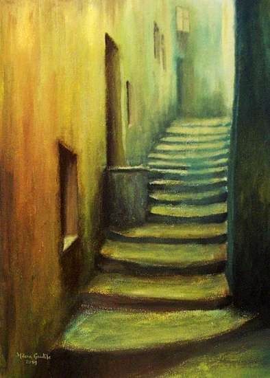 Stairs Art Drawing, Painting Of Stairs, Alley Illustration, Stairs Illustration, Environmental Art Projects, How To Draw Stairs, Stair Art, Watercolor Practice, Stone Stairs