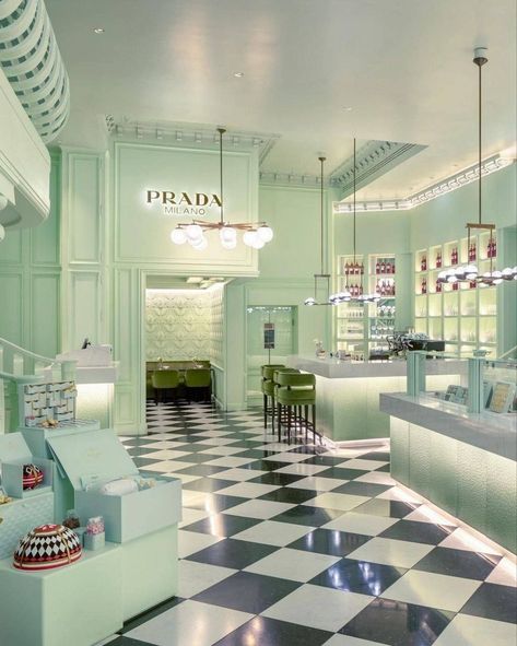 Prada Cafe, Aesthetic Mint, Luxury Cafe, Cafe London, Jewelry Store Design, Cafe Aesthetic, How To Get Rich, Store Design, Dream Vacations