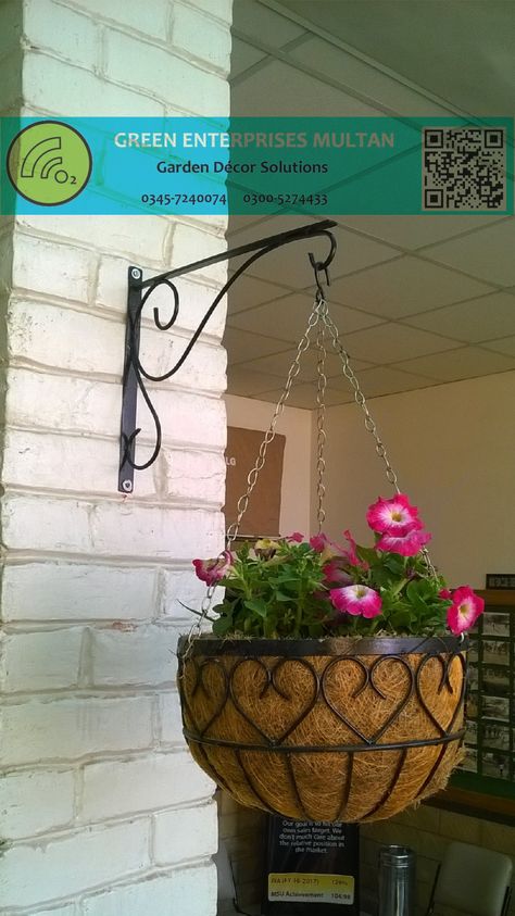 Hanging Basket with wall bracket Hanging Plant Bracket Ideas, Iron Hanging Planters, Metal Wall Hangers For Plants, Fuschia Hanging Basket, Wrought Iron Plant Stands, Plant Bracket, Metal Plant Hangers, Hanging Basket Brackets, House Main Door Design