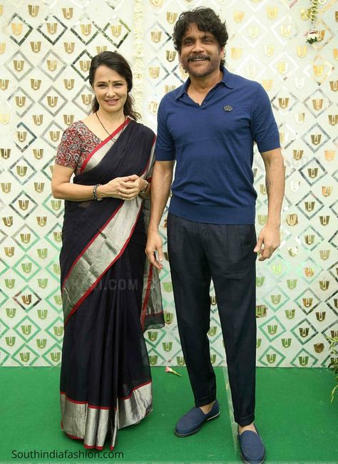 amala and nagarjuna akkineni at sharwanand engagement scaled Sharwanand Engagement, Black Handloom Saree, Amala Akkineni, Nagarjuna Akkineni, Navy Blue Polo Shirt, Kalamkari Blouse, Latest Designer Sarees, Blue Polo Shirt, Engagement Ceremony