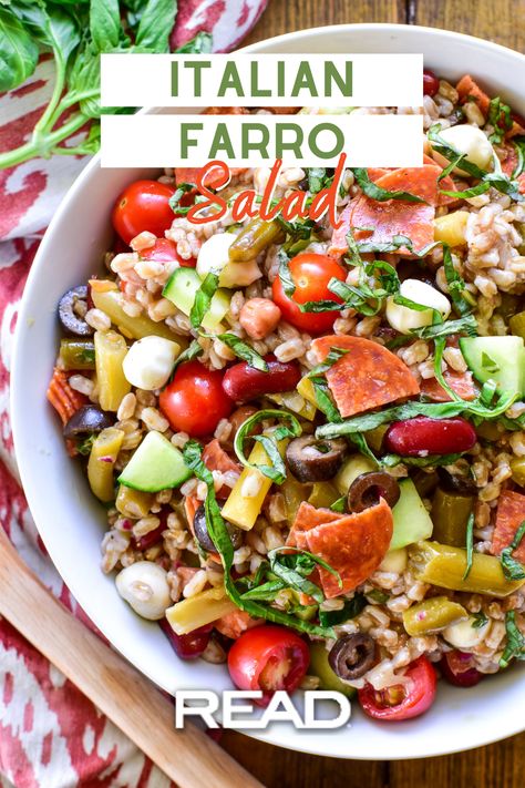 Italian Farro Salad - Fun, Festive, FARRO! Celebrate this 4th of July with a burst of FLAVOR and COLOR with this salad. Packed with wholesome farro, fresh veggies, savory pepperoni, and creamy mozzarella pearls and READ Salads 4 Bean Salad. This dish is the perfect one to bring to your festive gatherings! Find the full recipe at the link below! Italian Chopped Salad With Farro, Italian Farro Salad, 4 Bean Salad, Picnic Salads, Farro Salad Recipes, Farro Recipes, Mozzarella Pearls, Barley Salad, Italian Chopped Salad