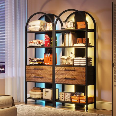 PRICES MAY VARY. [TRANSFORM YOUR SPACE]: Create a warm and inviting atmosphere with Tribesigns bookshelf with RGB LED light, you can control it by smartphone APP from the comfort of the couch to set the perfect color scheme and brightness level for reading, relaxing, or entertaining guests. [PLENTY OF STORAGE]: This 4-tier bookcase features 2 spacious drawers that provide concealed storage for your books, documents, and other accessories and keep everything organized. The open-shelf design allow Open Book Shelf, Arched Bookcase, Drawer Bookshelf, Industrial Bookcase, Black Bookshelf, Open Bookshelf, Tall Bookshelves, Industrial Bookshelf, Industrial Bookcases