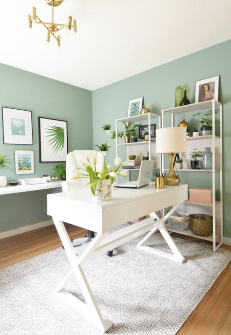 Small Basement Color Ideas, Boho Chic Office Space, Mint Green Office Ideas, Office Walls Ideas, Crystal Office, Beachy Office, Green Home Offices, Office Update, Writing Room