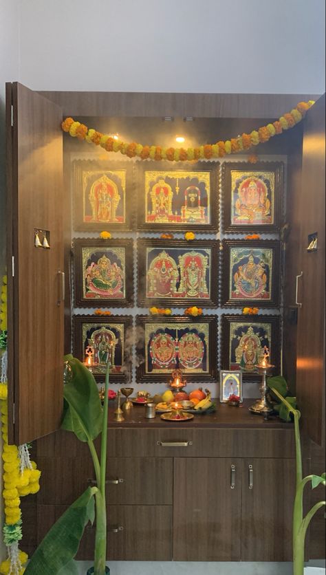 Swami Room Ideas, God Photos For Pooja Room, Pooja Room Lighting Ideas, Tanjore Painting Pooja Room, Simple Pooja Room Ideas, Traditional Pooja Room Design, Simple Pooja Room, Pooja Room Ideas Indian Traditional, Pooja Corner