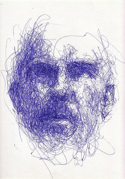 Going to experiement with this as a DIY project.  I think if I print a pic of a family member, and then put tracing paper over it, I think I can accompolish what I want.  Would make a great gift too. Scribble Portrait, 심플한 그림, Chuck Close, Blue Pen, Scribble Art, Gesture Drawing, Arte Sketchbook, Art And Illustration, Creative Portraits