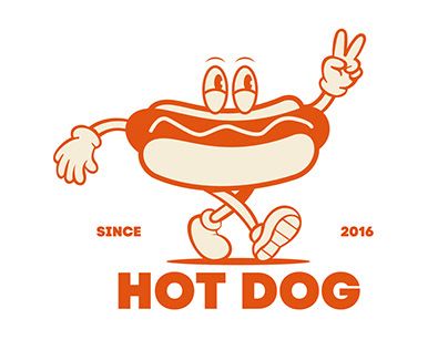 Vintage Hot Dog Illustration, Hot Dog Illustration Design, Hot Dog Graphic Design, Hot Dog Embroidery, Cartoon Hot Dog, Hot Dog Branding, Hot Dog Logo, Hot Dog Drawing, Hot Dog Illustration