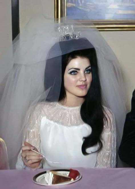 Priscilla Presley Inspired Wedding Hair, Elvis And Priscilla Wedding Aesthetic, 70’s Hair And Makeup, Vintage Priscilla Presley, Priscilla Presley Movie Poster, Ldr Aesthetic, Priscilla Presley Wedding, Young Priscilla Presley, Lilac Eyeshadow