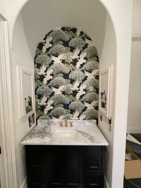 Heron Wallpaper, How To Install Wallpaper, York Wallcoverings, Bathroom Wallpaper, Single Vanity, Great Rooms, Garden Ideas, Lighted Bathroom Mirror, Bathrooms