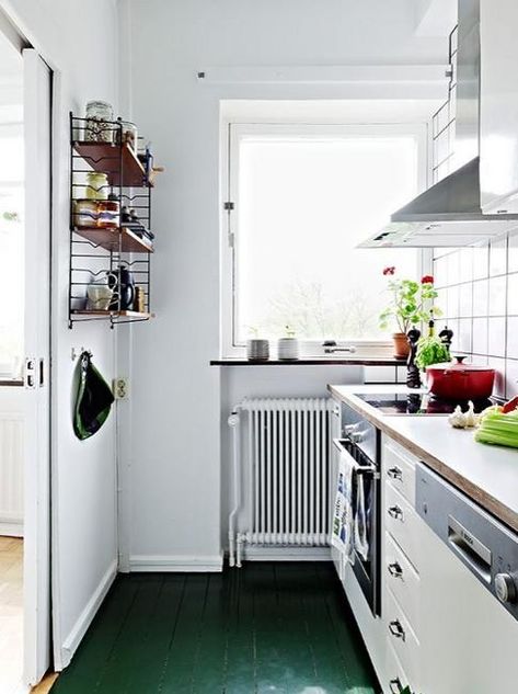 Modern Interior Design and Decor in Malachite Green Colors Kitchen Scandinavian Style, Scandinavian Floor, Painted Wood Floors, White Wood Floors, Green Floor, Scandinavia Design, Wood Floor Kitchen, Painted Floor, Green Flooring