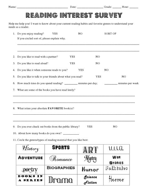 Reading Interest Survey - find out what they like to read! Reading Interest Inventory, Student Interest Inventory, Reading Inventory, Reading Interest Survey, Student Interest Survey, Reading Survey, Setting Activities, Reading Coach, Interest Inventory