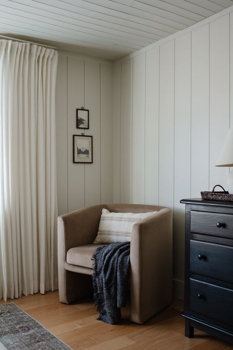 How We Installed Wood Planks On Our Ceiling | Nadine Stay Modern Paneled Walls, Shiplap Ceiling, Plank Ceiling, Plank Walls, Wood Bed Frame, Bedroom Ceiling, Amber Interiors, A Cabin, Wood Ceilings