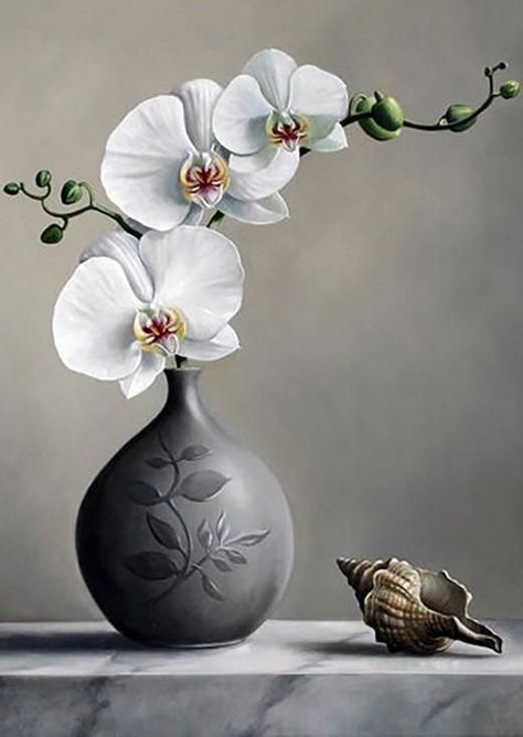 Orchids Painting, Flowers In A Vase, Soyut Sanat Tabloları, White Orchids, Still Life Art, Flower Art Painting, Arte Floral, Ikebana, Flowers Photography