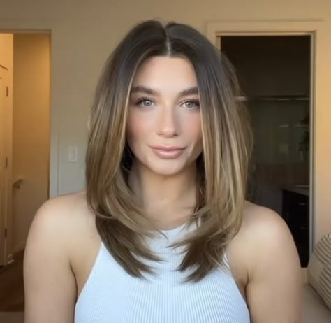 Medium Haircut With Front Layers, Medium Length Hair With Layers Thinning Hair, Womens Shoulder Length Haircut With Layers, Brown Midlength Haircuts, Medium Length Hair With Layers And Highlights, Hair Cut For Think Hair Girl, Fine Mid Length Hair With Layers, Short Long Layered Hair, Dynamic Brunette