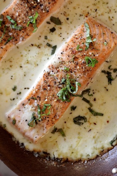 Baked Salmon in Parmesan Cream | farmgirlgourmet.com Salmon Parmesan Cream Sauce, Salmon With Parmesan Cream Sauce, Baked Salmon With Cream Sauce, Parmesan Cream Sauce For Fish, Keto Sauce For Salmon, Creamy Baked Salmon, Salmon In Cream Sauce, Gourmet Keto, Parmesan Salmon