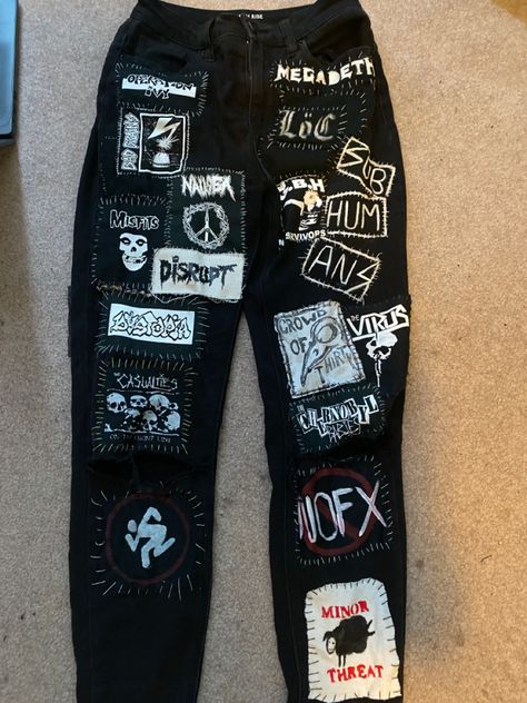 Patches On Pants, Patched Pants, Crust Punk Pants, Crust Pants, Spikes Fashion, Punk Jeans, Goth Pants, Metal Outfit, Patched Denim Jeans