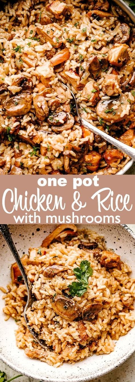 This one pot Chicken and Rice with Mushrooms recipe is smooth, creamy, hearty comfort food at it’s best. A tasty and complete meal in one pan! #chickenandrice #mushrooms #dinnerideas Chicken And Rice With Mushrooms, Rice With Mushrooms, One Pot Chicken And Rice, Easy Chicken And Rice, Hearty Comfort Food, One Pot Dinners, One Pot Chicken, Chicken And Rice, Sticky Rice