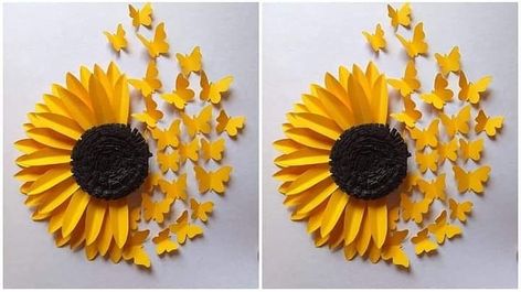 Materials used: Cardstock paper (golden yellow) Black colored paper Hot glue gun Visit link below for sunflower template Tutorial.💕 https://youtu.be/WsXu-Co_I-U Butterfly Wall Decor Diy, Sunflower Paper Flowers, Sunflower Paper Craft, How To Make Sunflower, Diy Wall Hanging Crafts, Sunflower Wall Decor, Sunflower Crafts, Paper Sunflowers, Easy Paper Flowers