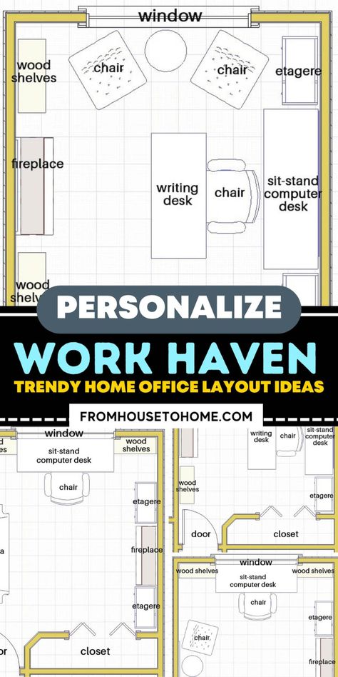 Home Office Layout Ideas | Home Office Ideas Office With Desk And Sitting Area, Decorating Ideas For The Home Bedroom, Home Office Feminine, Home Office Layout Ideas, Diy Home Office Desk, Office Feminine, Blue Home Offices, Office Layout Ideas, Library Home Office