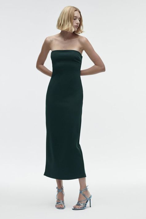 SLIP MIDI DRESS - Green | ZARA United States Zara Tube Dress, Spring Dress Trends, Pretty Spring Dresses, Graduation Outfit Ideas, Zara Midi Dress, Long Green Dress, Slip Midi Dress, Dark Green Dress, Puffy Dresses