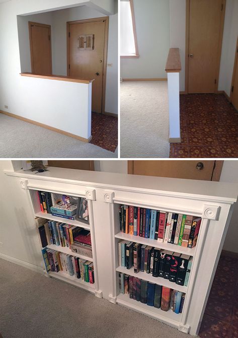 No Turning Back Half-Wall Book Shelf Half Shelf Wall, Half Wall Upstairs, Kitchen Living Room Half Wall, Reading Corner Built In, Half Wall Framing, Half Wall With Shelves, Half Wall Entryway Ideas, Pony Wall Cap Ideas, How To Decorate A Half Wall